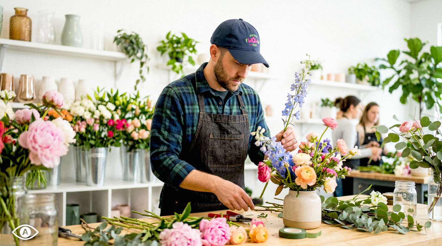 A certified fWOWer Shop florist arranging flowers