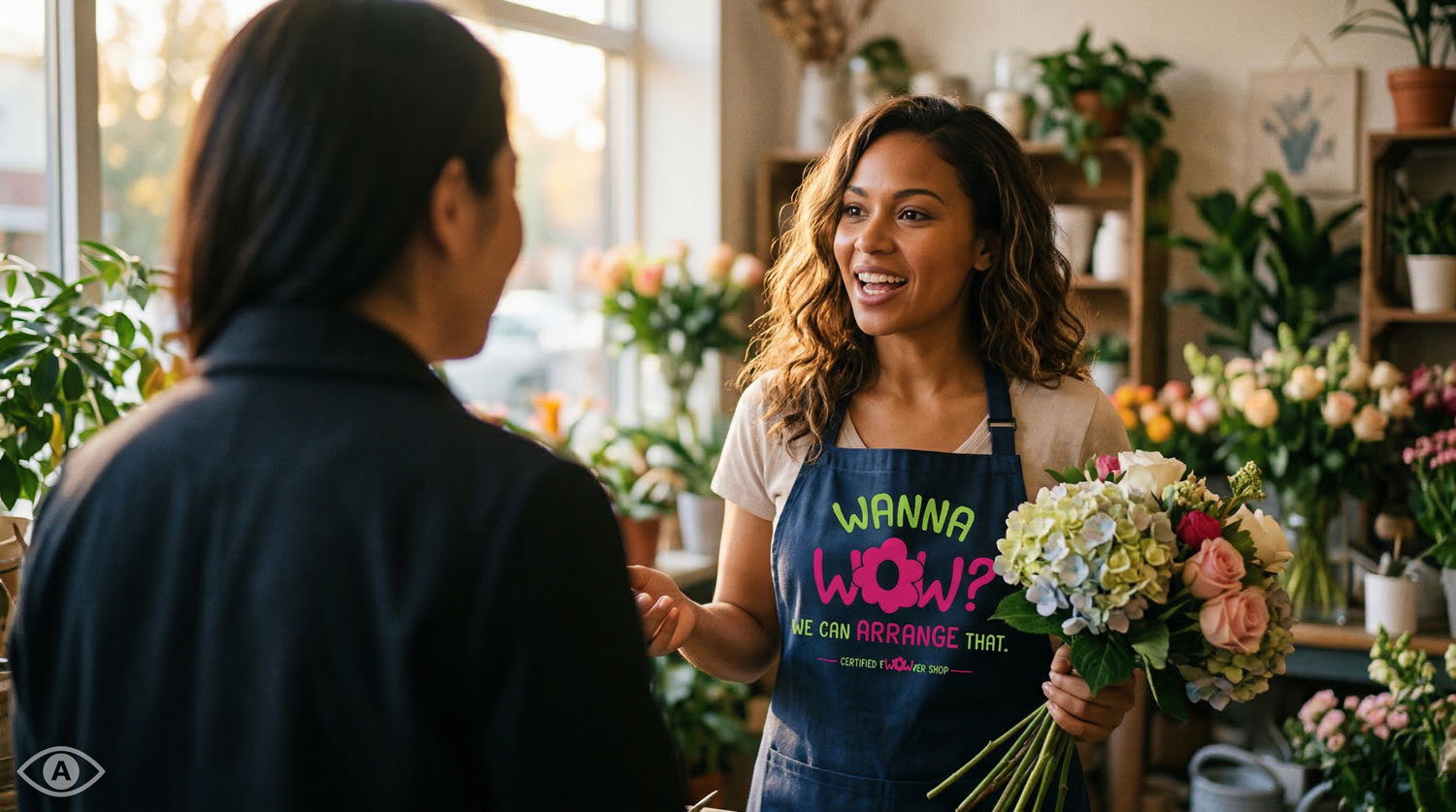 A certified fWOWer Shop florist with a customer